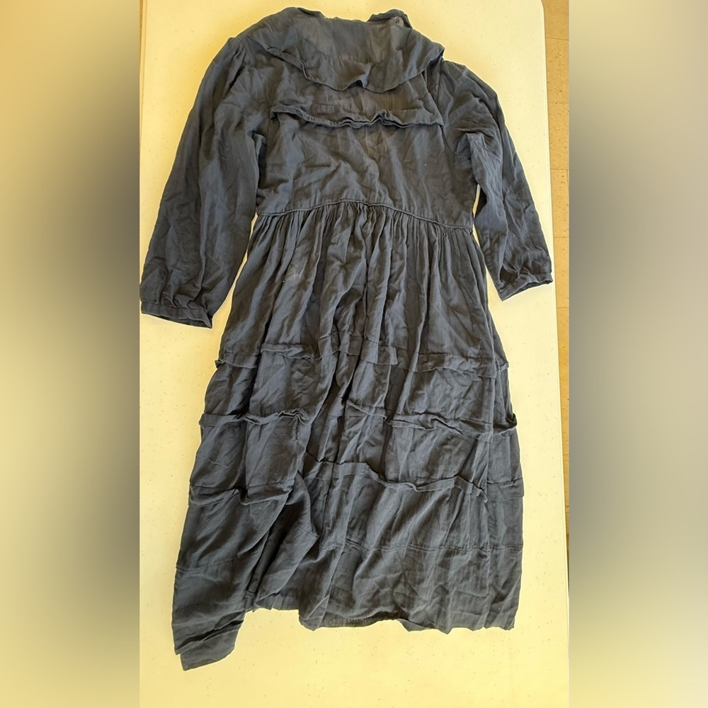 Loup Charmant Scallop Organic Cotton Navy Blue Tiered V-neck Midi Dress - Picture 5 of 11